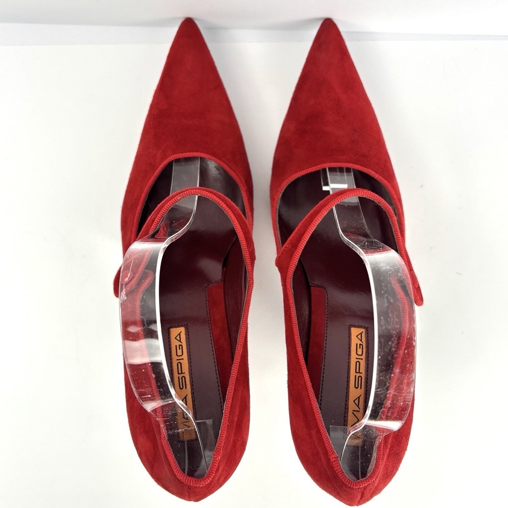 Via Spiga Red Suede Mary Jane Pumps Heels Women's 8.5 M Italy Pointed Toe 39 EU - Picture 7 of 13